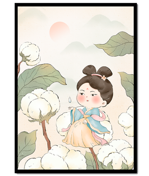Illustration élégante d'une jeune fille en tenue traditionnelle au milieu de plants de coton