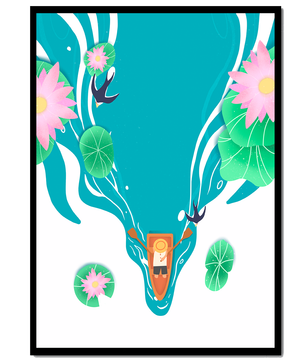 Peaceful boat ride with lily pads and pink flowers