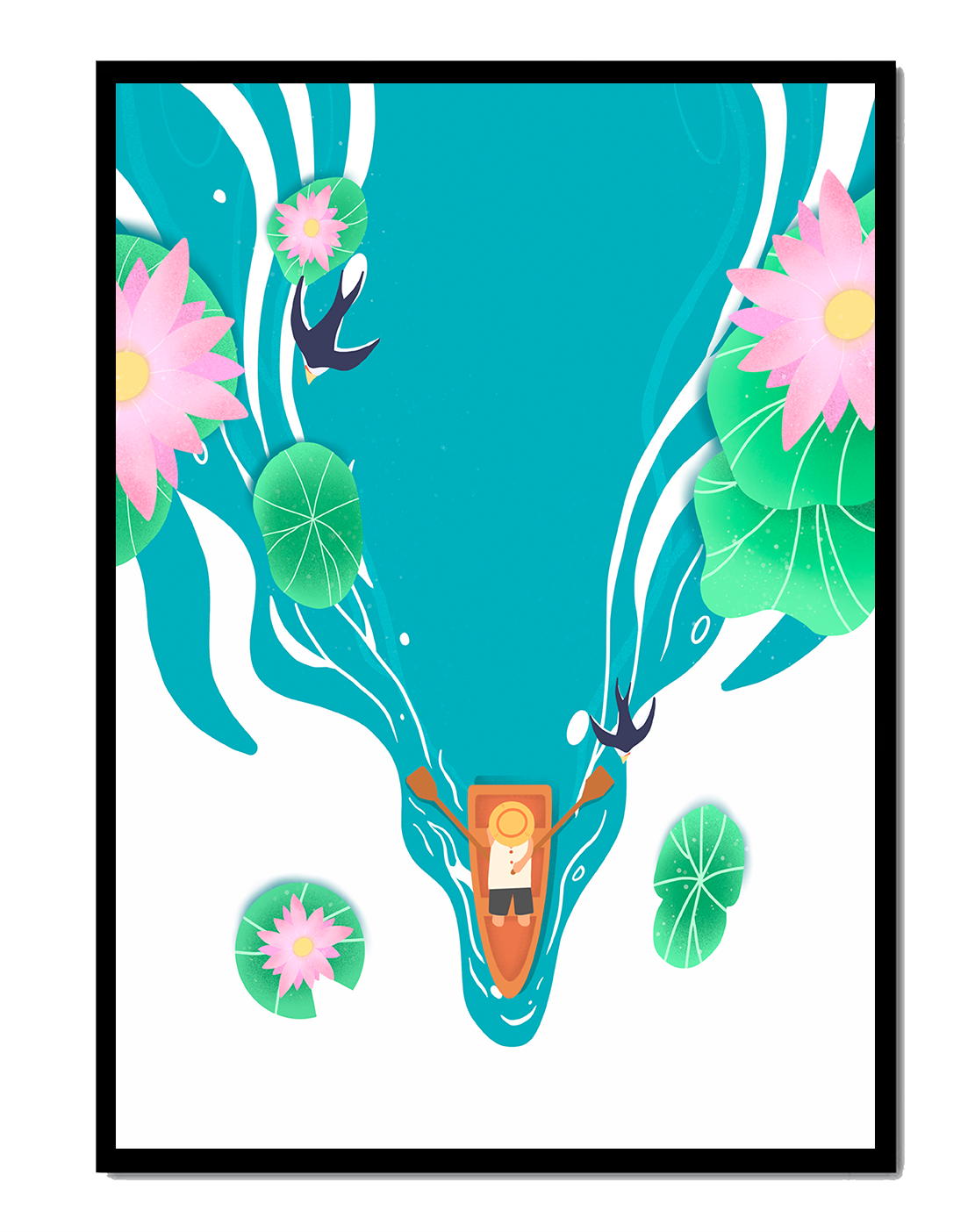 Peaceful boat ride with lily pads and pink flowers
