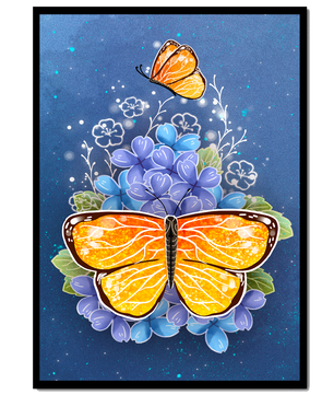 Colorida ilustración de mariposa y flores azules