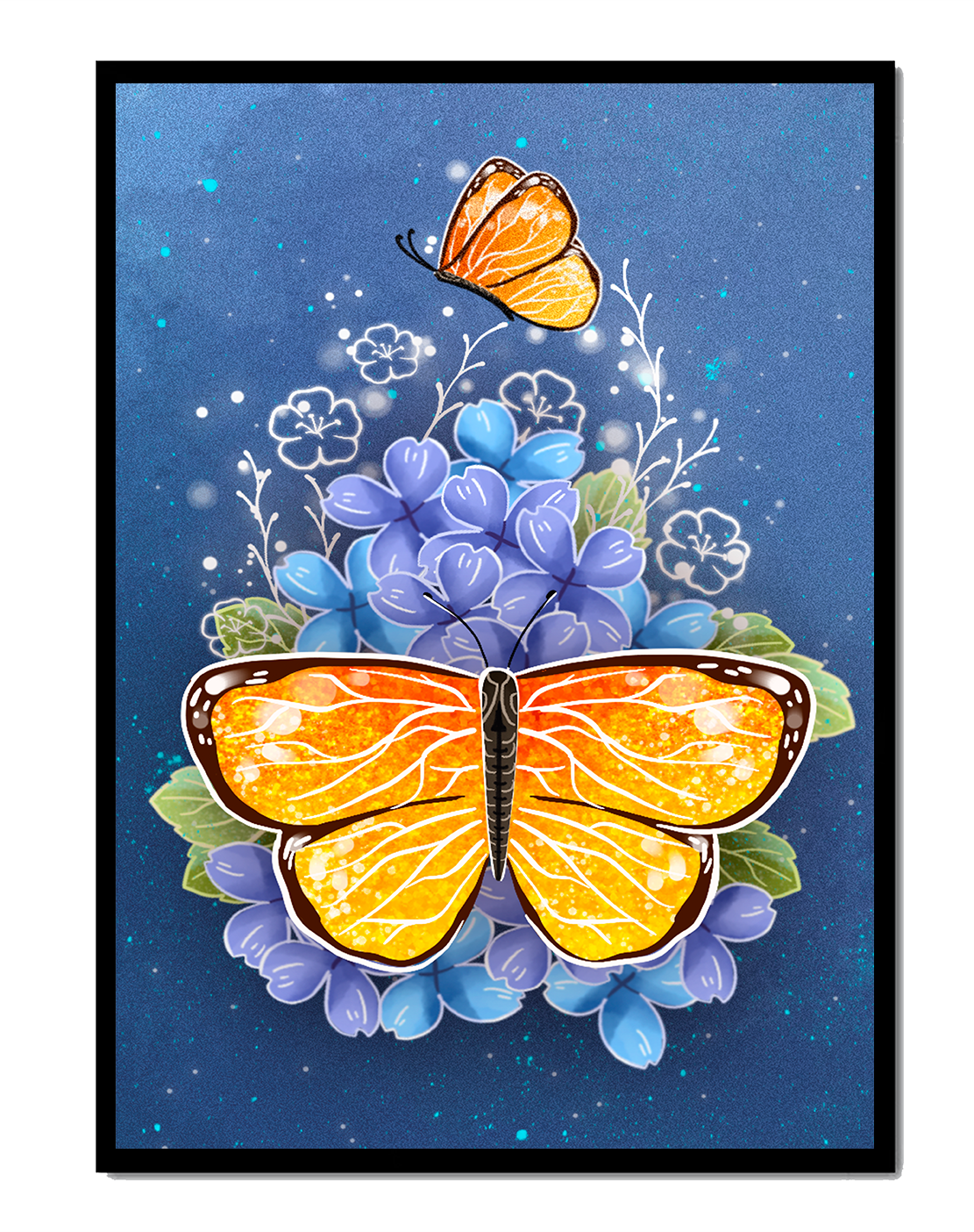 Colorida ilustración de mariposa y flores azules
