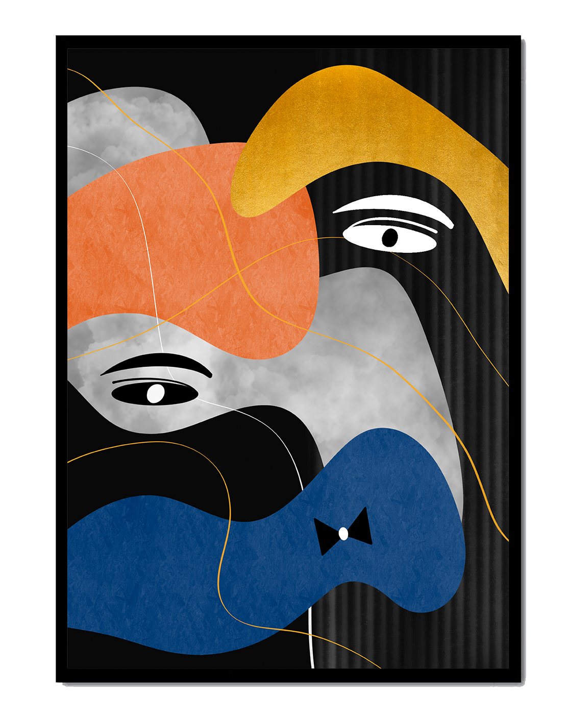 Abstract geometric art with bold colors and gold accents