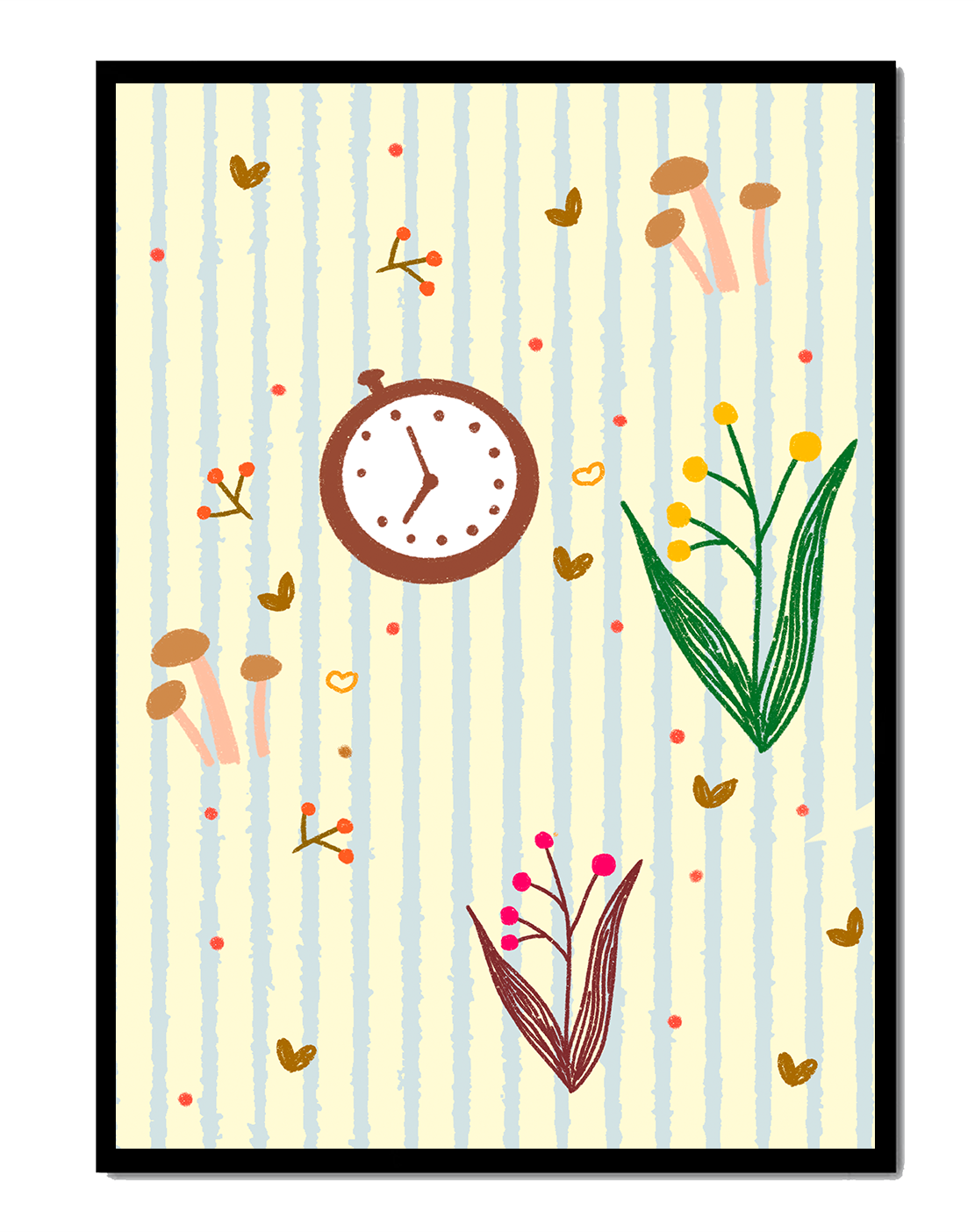 Whimsical pattern with clock, mushrooms, and florals on striped background