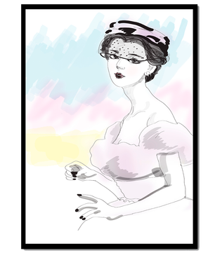 Elegant Woman in Vintage Fashion with Veil Hat and Pastel Background - Mi tienda