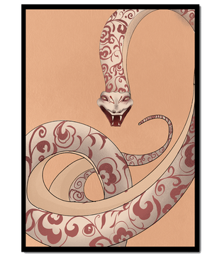 Elegant coiled snake with floral patterns in an artistic composition
