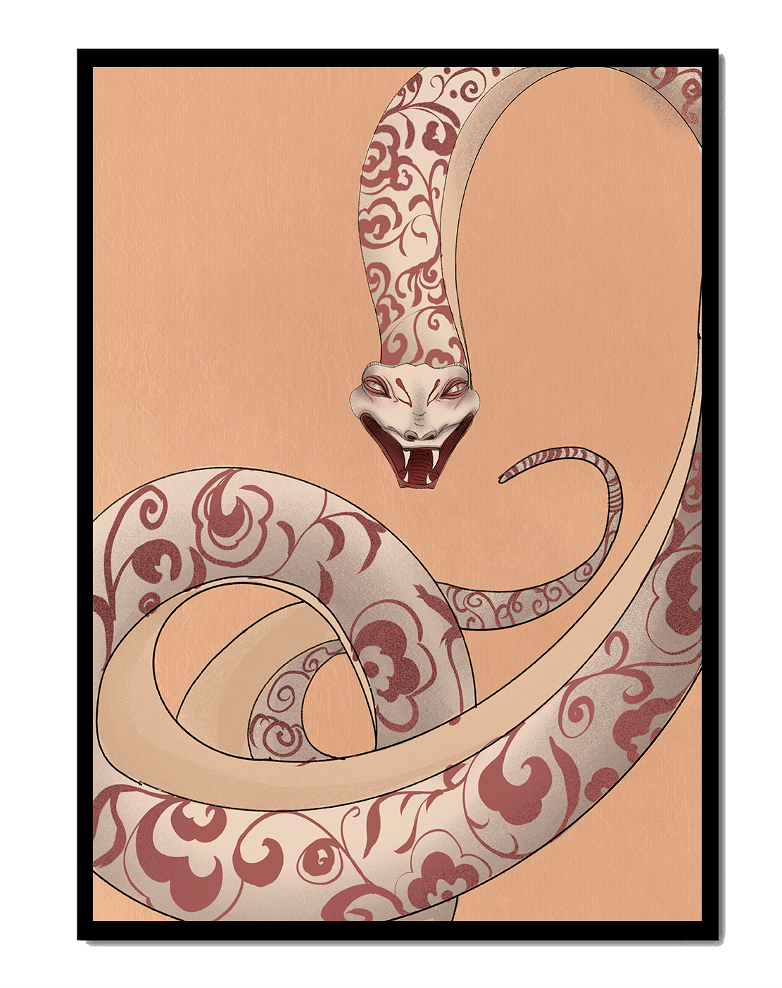 Elegant coiled snake with floral patterns in an artistic composition