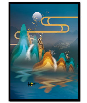 Paisaje abstracto con ciervo dorado y montañas en capas en una serena escena nocturna
