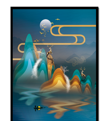Abstract landscape with golden deer and layered mountains in serene night scene