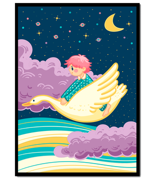 Child flying on a goose through a magical night sky illustration