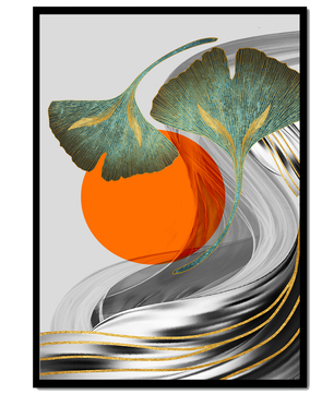 Hojas de Ginkgo abstractas con círculo naranja y ondas plateadas