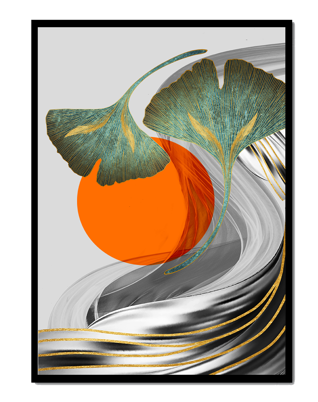 Hojas de Ginkgo abstractas con círculo naranja y ondas plateadas
