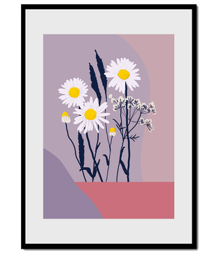 Illustrative floral artwork with daisies and abstract background