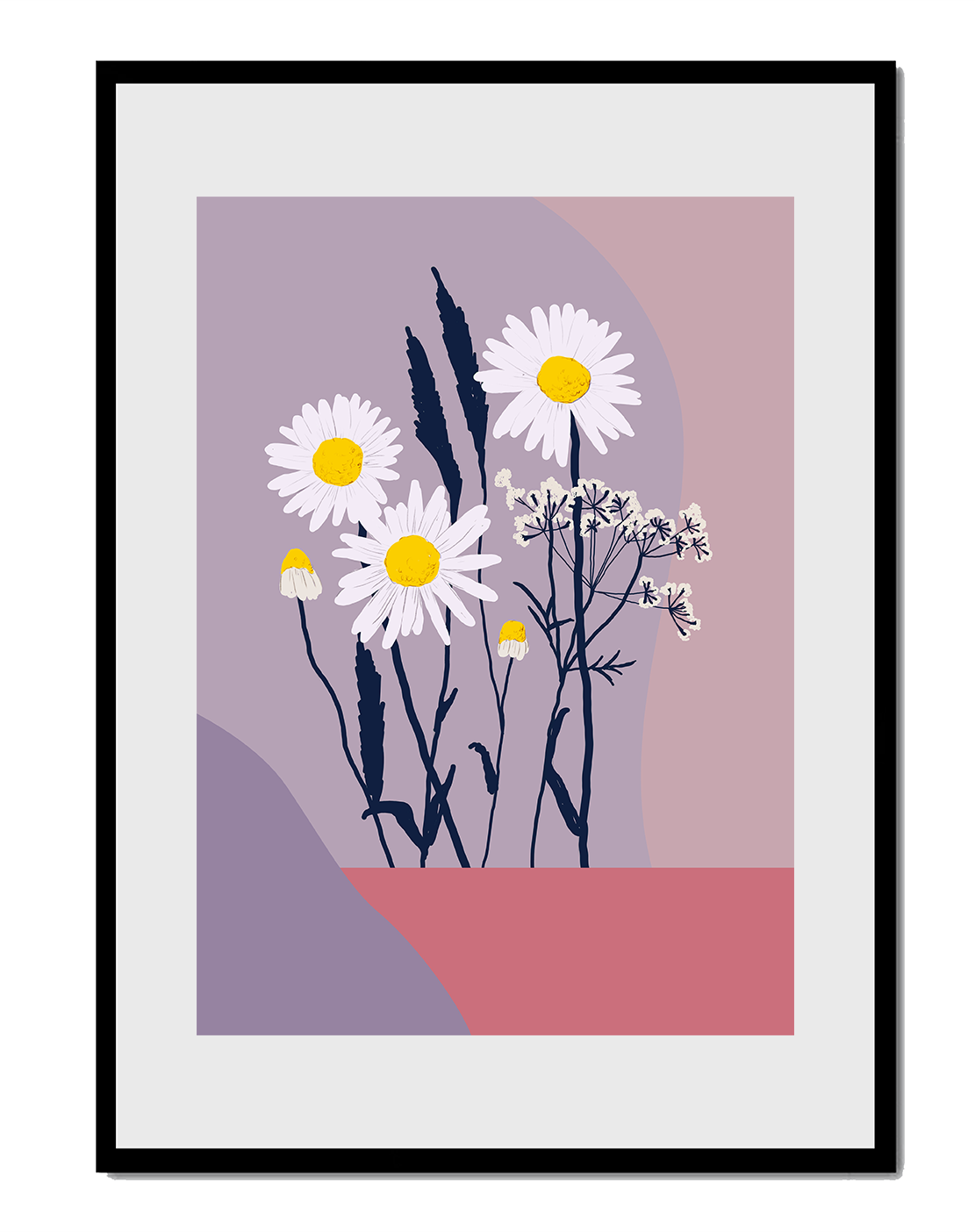 Illustrative floral artwork with daisies and abstract background