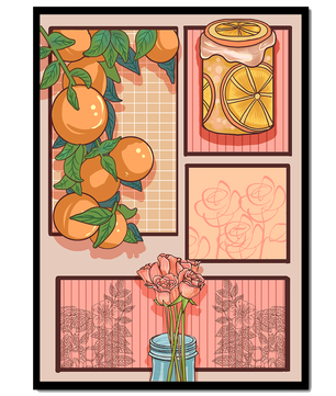 Composición artística con naranjas, frasco de rodajas de limón y rosas sobre fondo geométrico