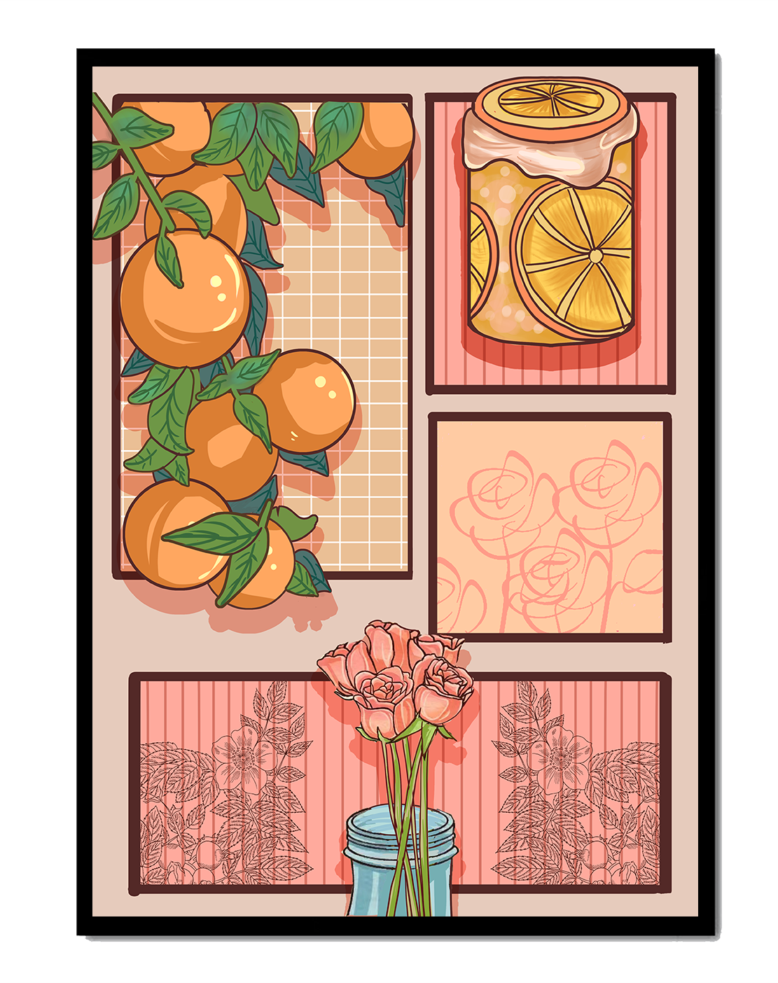 Composición artística con naranjas, frasco de rodajas de limón y rosas sobre fondo geométrico