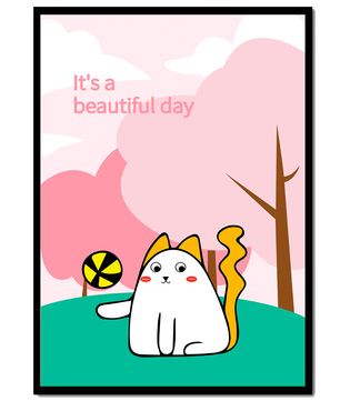 Illustration charmante de chat dans une scène de parc ludique avec des arbres et des nuages.