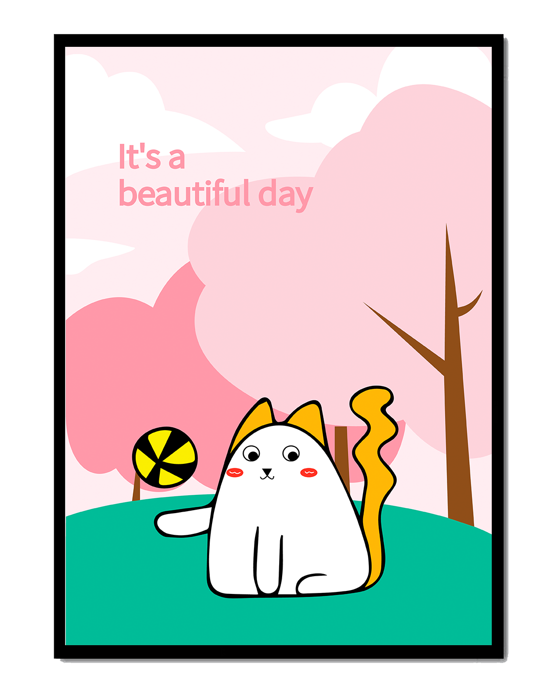 Charming cat illustration in a playful park scene with trees and clouds