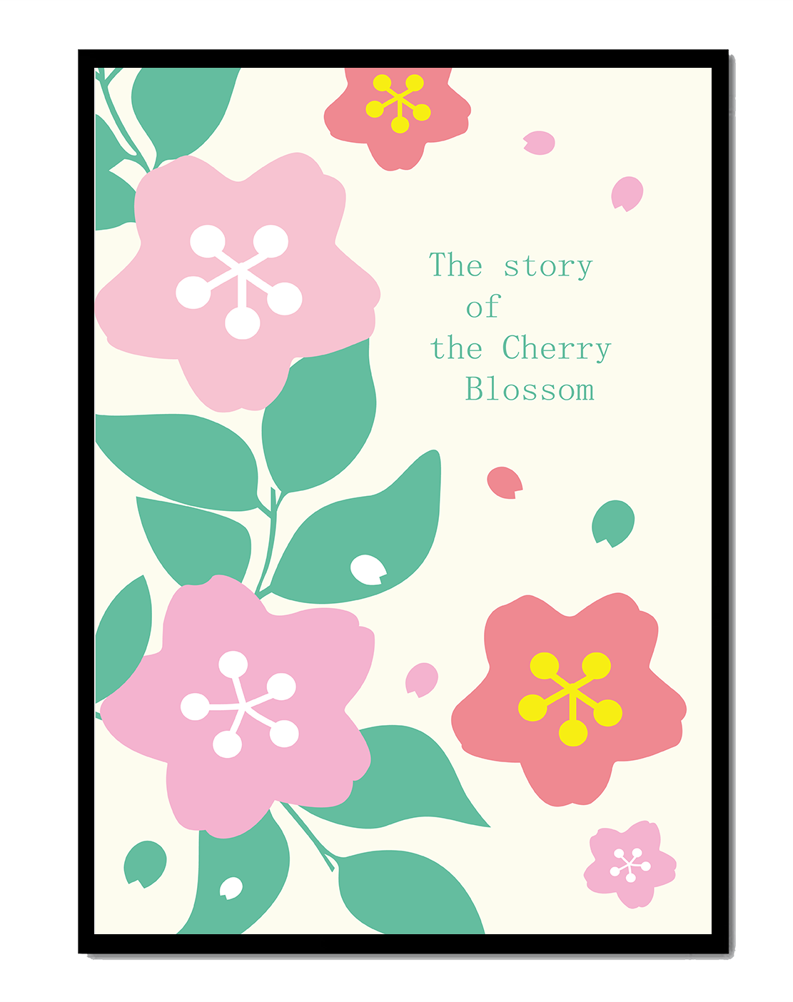 Floral illustration with cherry blossoms and green leaves