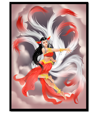 Graceful fantasy fox spirit with flowing tails and red attire in mystical clouds