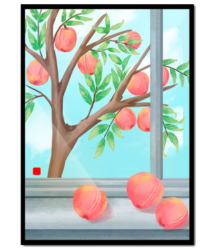 Peach tree outside a window with ripe peaches and sunny sky
