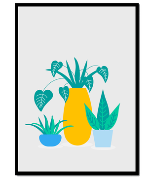 Illustration of colorful potted plants with a yellow vase