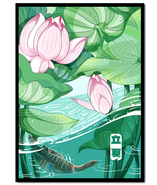 Illustration nature sereine avec fleurs de lotus et vie aquatique