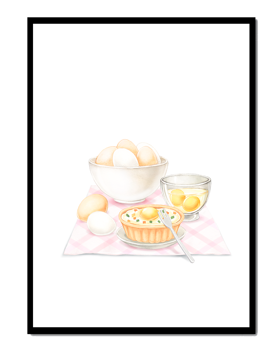 bowl of eggs and quiche on checkered cloth with fork in kitchen setting