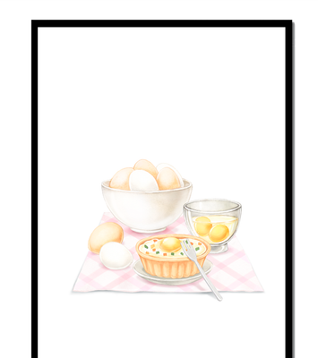 bowl of eggs and quiche on checkered cloth with fork in kitchen setting