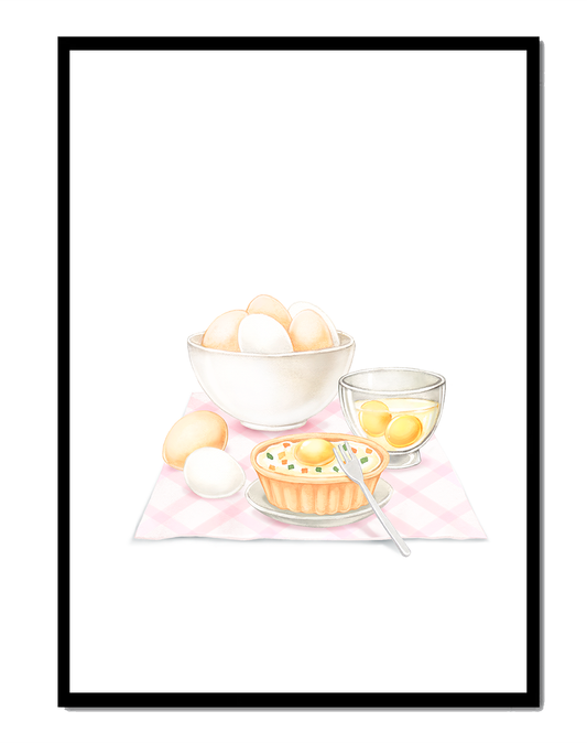 bowl of eggs and quiche on checkered cloth with fork in kitchen setting