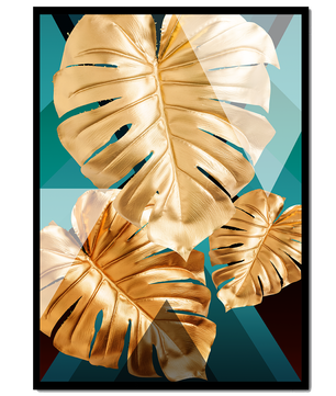 Blätter der Goldenen Monstera auf geometrischem Hintergrund