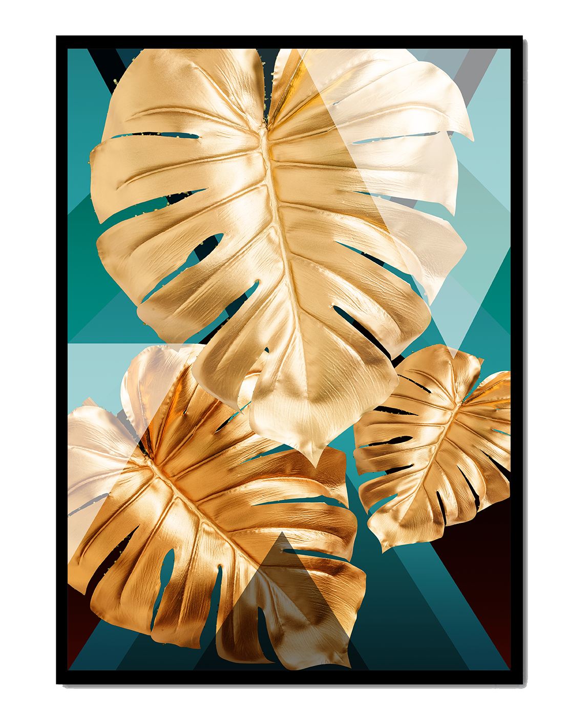 Hojas de monstera doradas sobre fondo geométrico