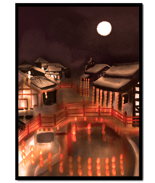 Traditional Japanese village at night with lanterns and full moon