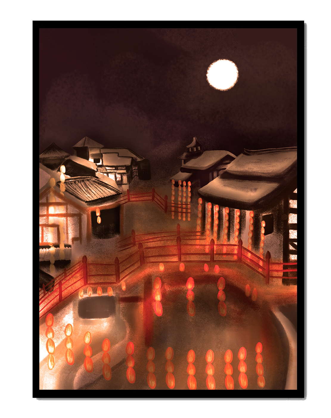 Traditional Japanese village at night with lanterns and full moon