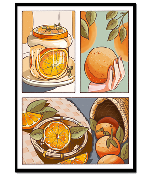 Ilustración colorida de naranjas y conservas con canasta