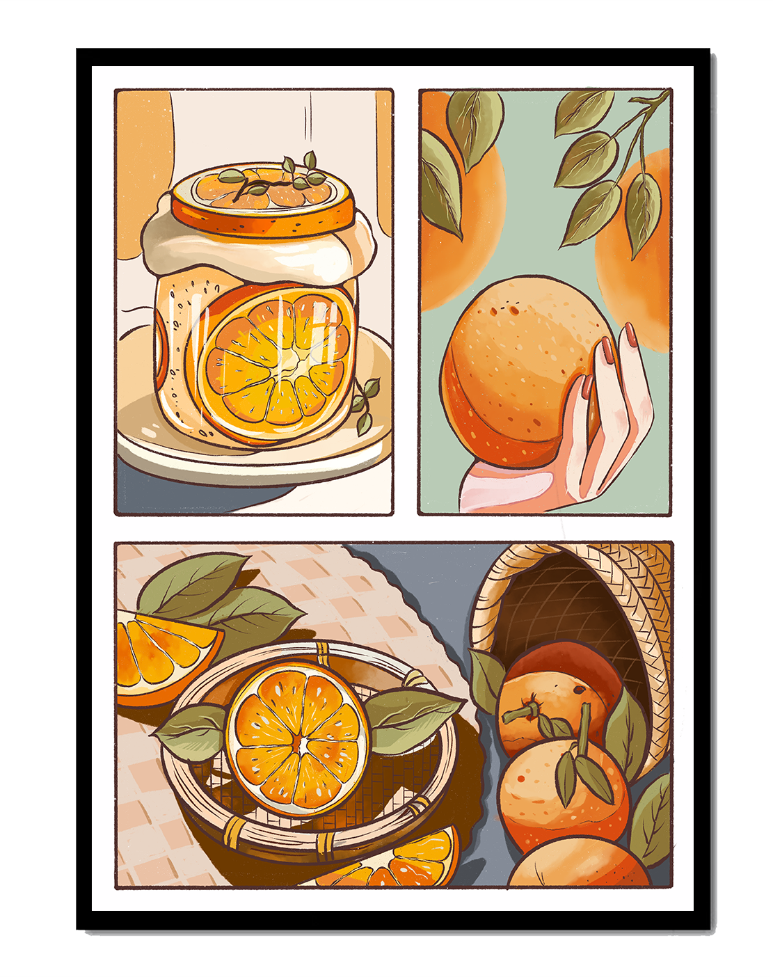 Ilustración colorida de naranjas y conservas con canasta