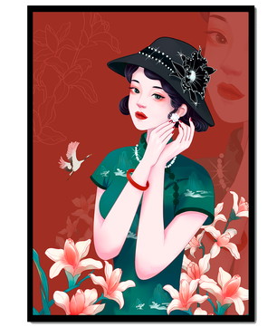 Elegant woman in vintage attire with floral hat and lilies