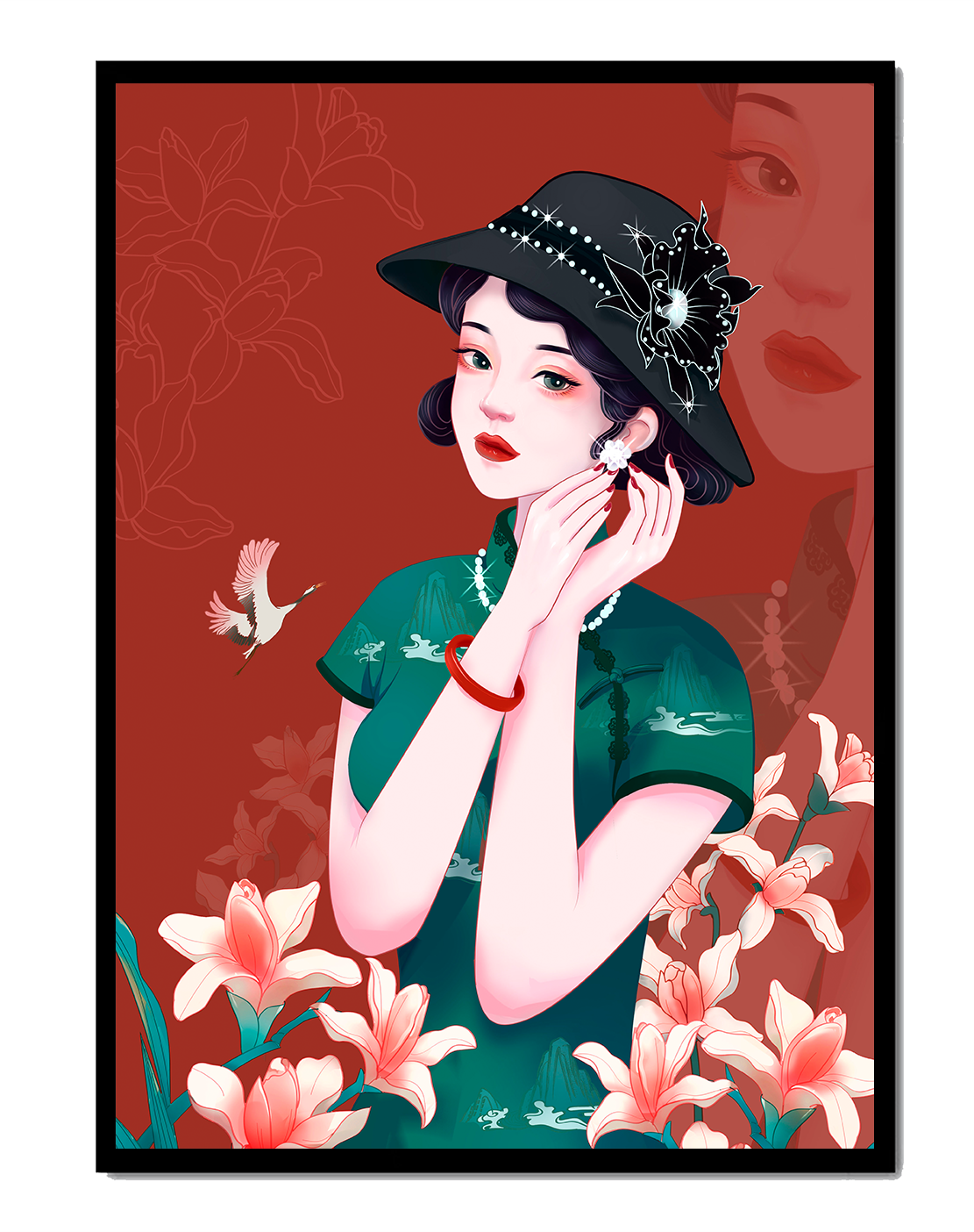 Elegant woman in vintage attire with floral hat and lilies