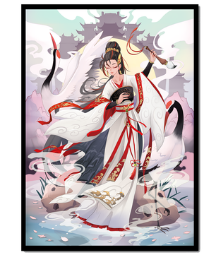 Elegant Asian Artistry with a Crane and Traditional Attire