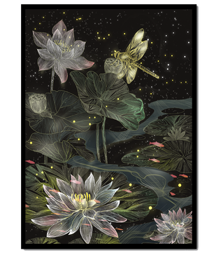 Lotus Flowers and Dragonfly in Nighttime Pond