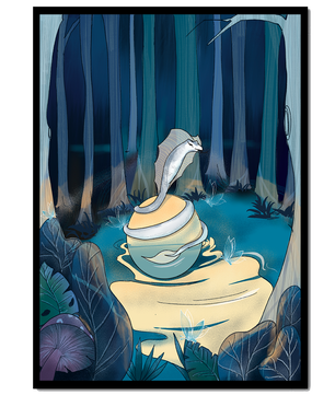 A serene fantasy forest scene with mystical elements at night