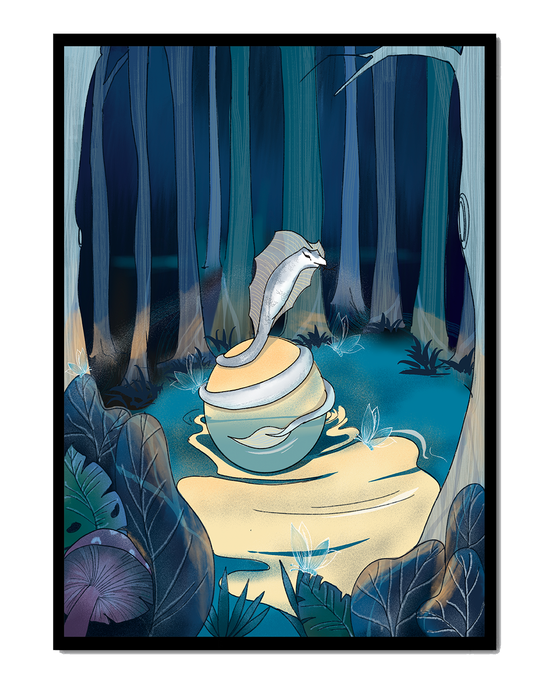 A serene fantasy forest scene with mystical elements at night