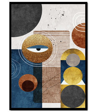 Obra de arte geométrica abstracta con elementos dorados y azules