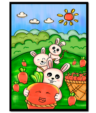 Illustration de lapins espiègles avec des carottes dans un champ ensoleillé