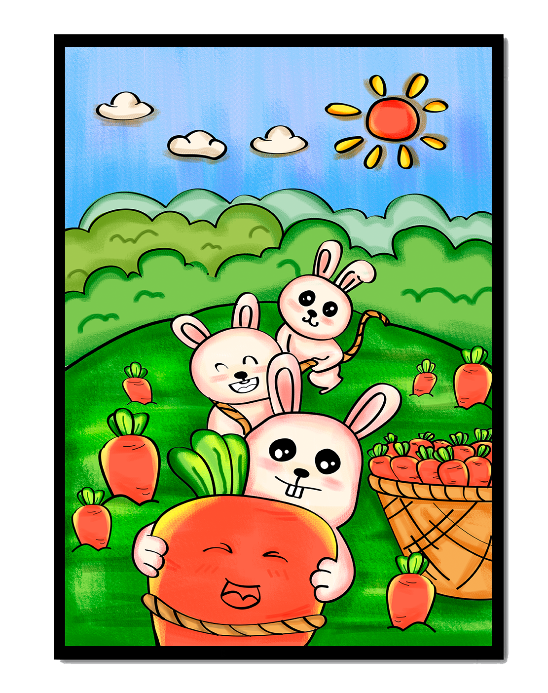 Illustration de lapins espiègles avec des carottes dans un champ ensoleillé