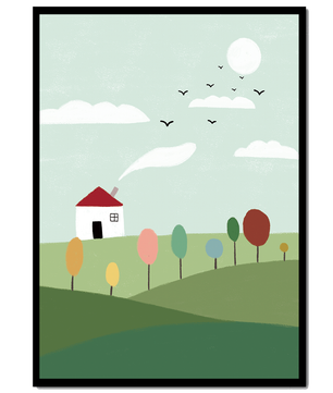 Minimalist Landscape with Colorful Trees and House