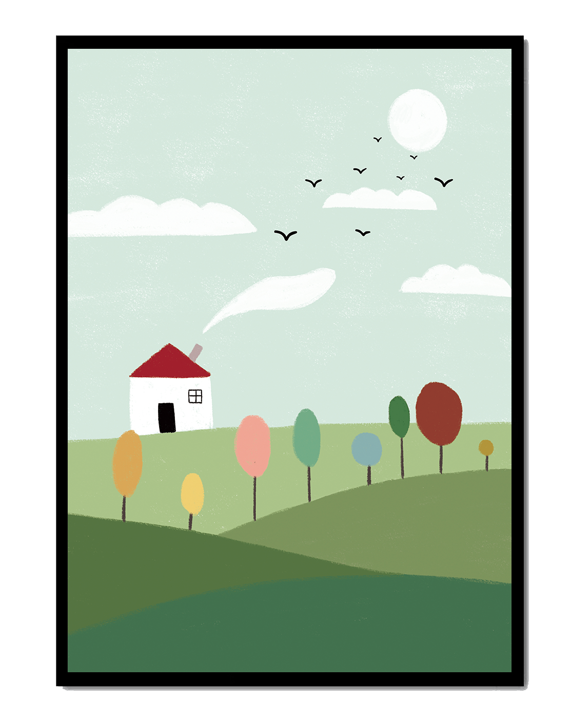 Minimalist Landscape with Colorful Trees and House