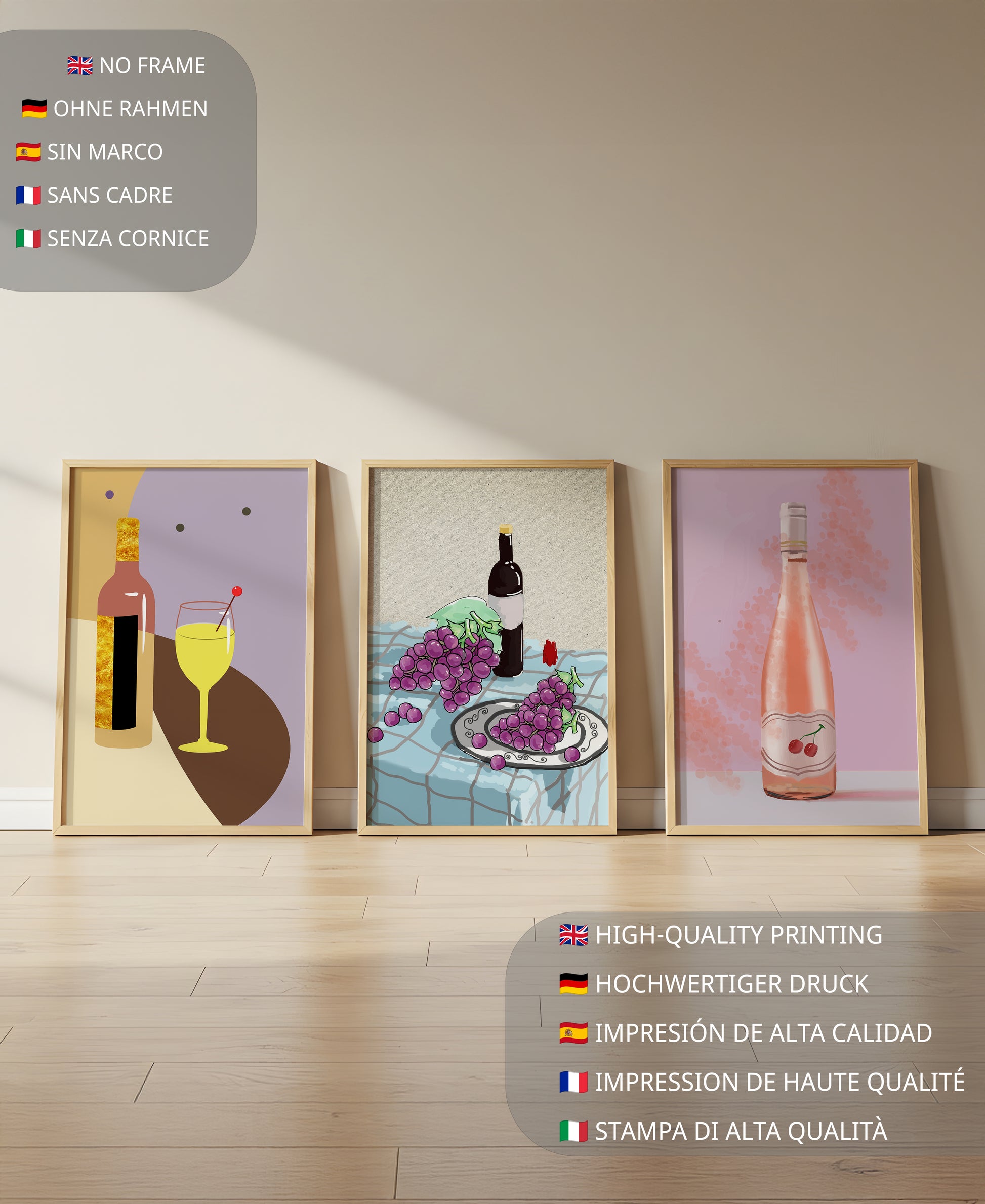 Modernes Kunstwerk mit Flaschen und Getränken auf Holzhintergrund