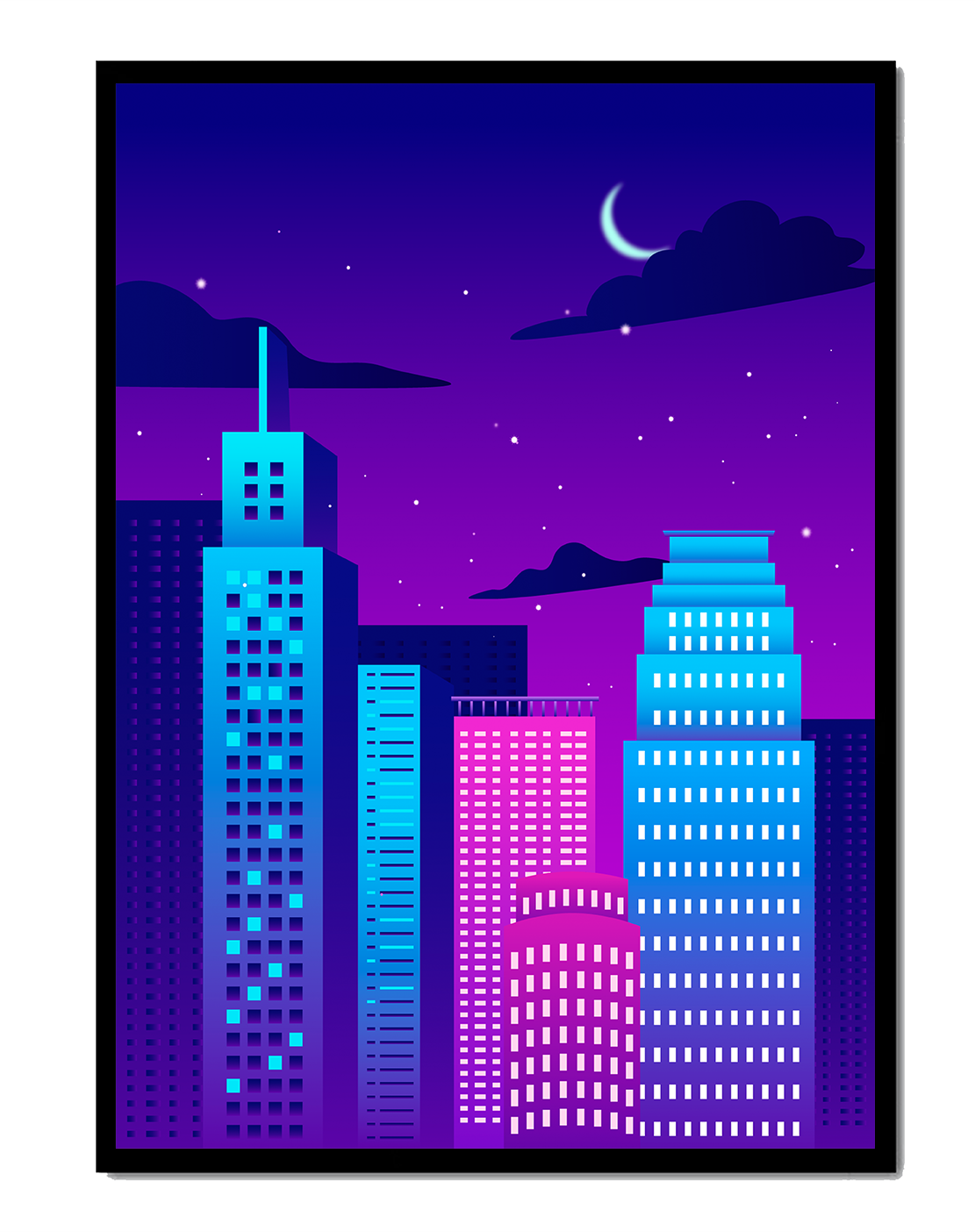 Vibrant city skyline at night with modern skyscrapers and starry sky