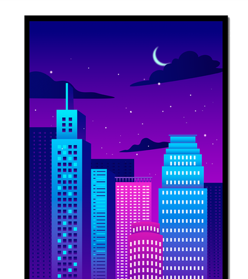 Vibrant city skyline at night with modern skyscrapers and starry sky
