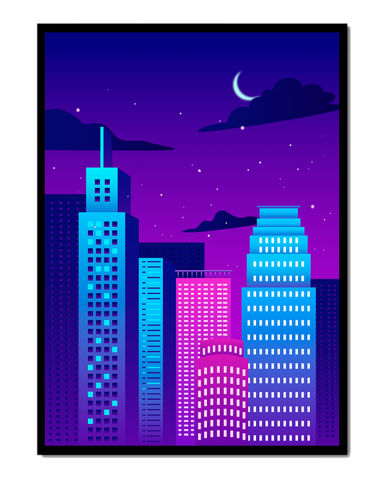 Vibrant city skyline at night with modern skyscrapers and starry sky